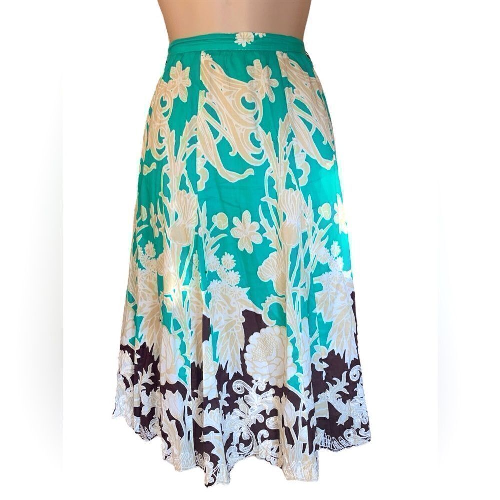 Coldwater Creek boho pleated midi skirt teal brown white with gold lining